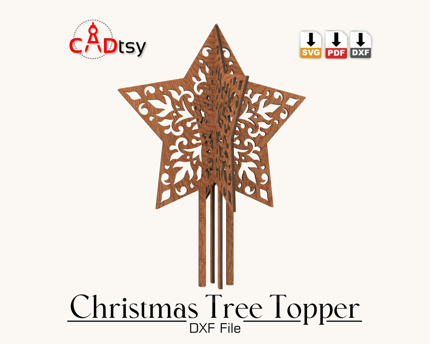 CADtsy Christmas Tree Topper Star SVG Laser Cutting File, DXF Wooden Decoration, Digital Download.