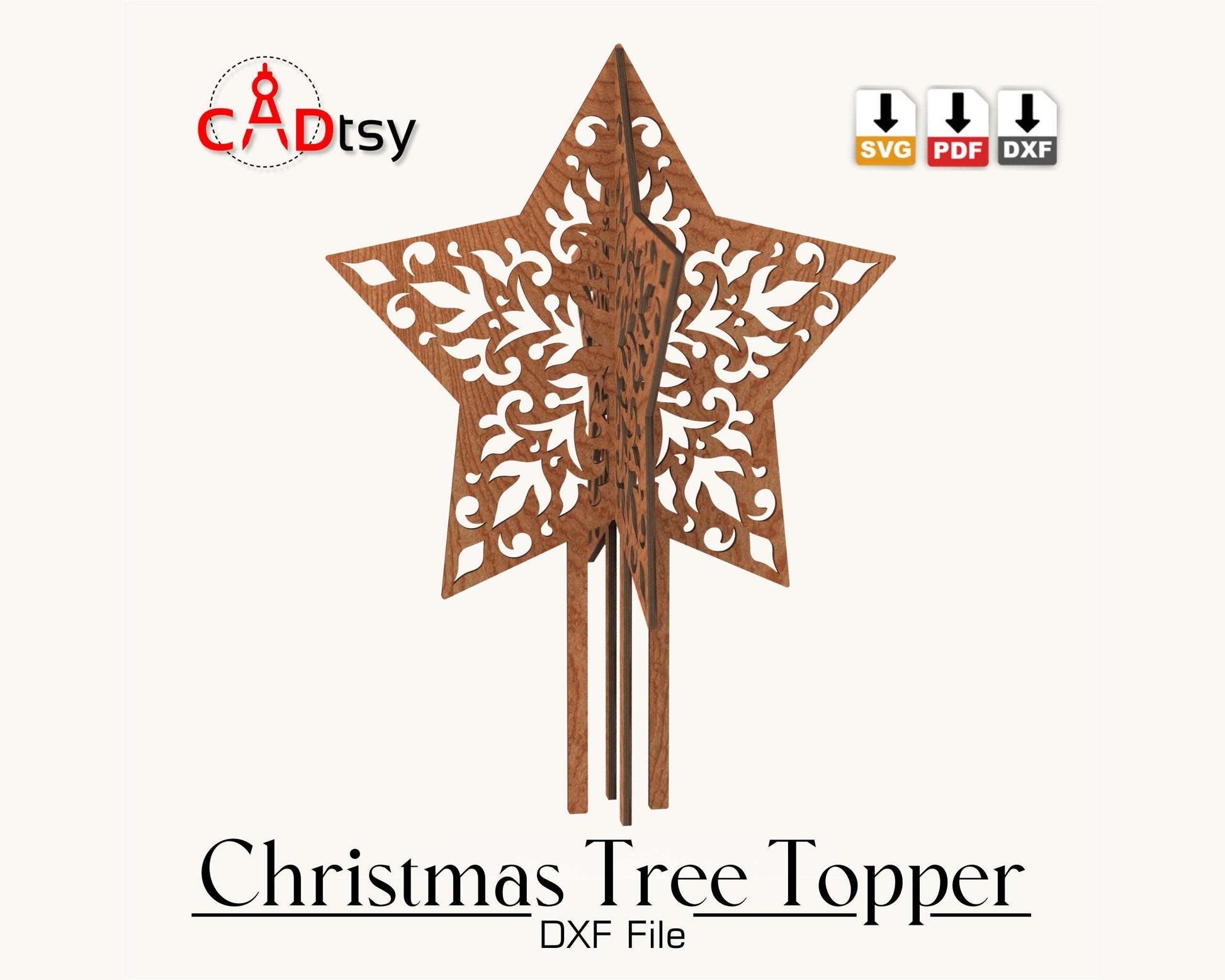 CADtsy Christmas Tree Topper Star SVG Laser Cutting File, DXF Wooden Decoration, Digital Download.