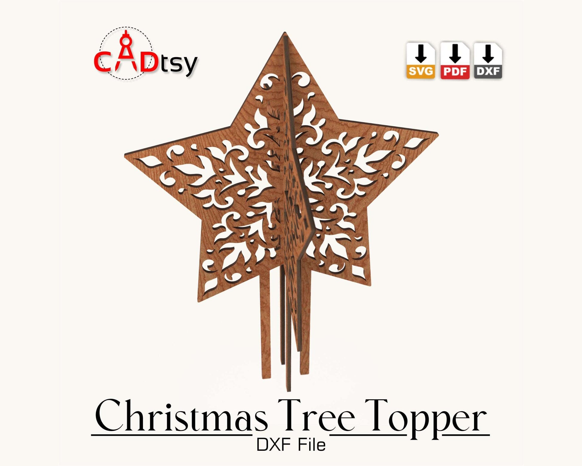 CADtsy Christmas Tree Topper Star SVG Laser Cutting File, DXF Wooden Decoration, Digital Download.