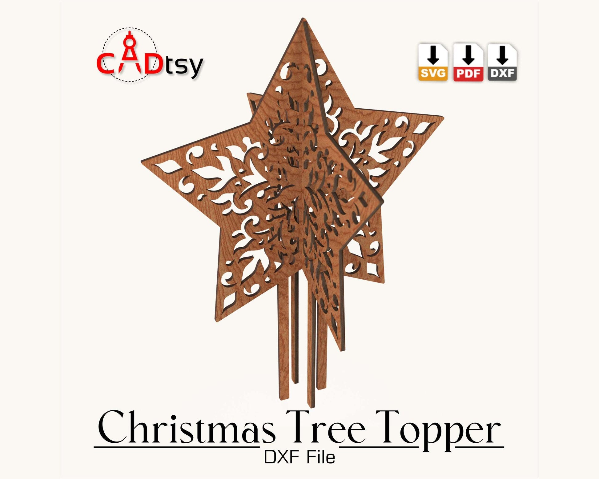 CADtsy Christmas Tree Topper Star SVG Laser Cutting File, DXF Wooden Decoration, Digital Download.