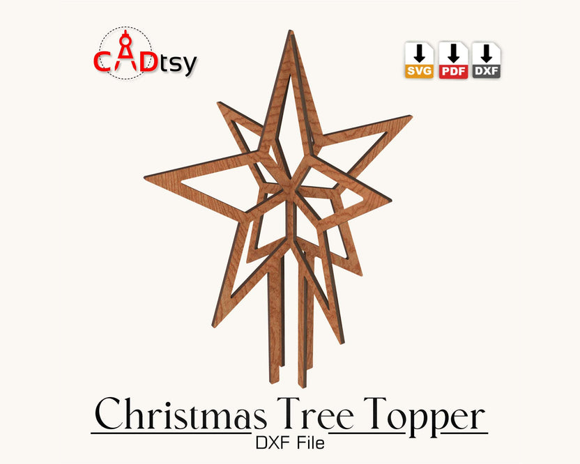A 3D wooden star, made from a tree topper star SVG file, shown assembled and ready to be placed on a tree.