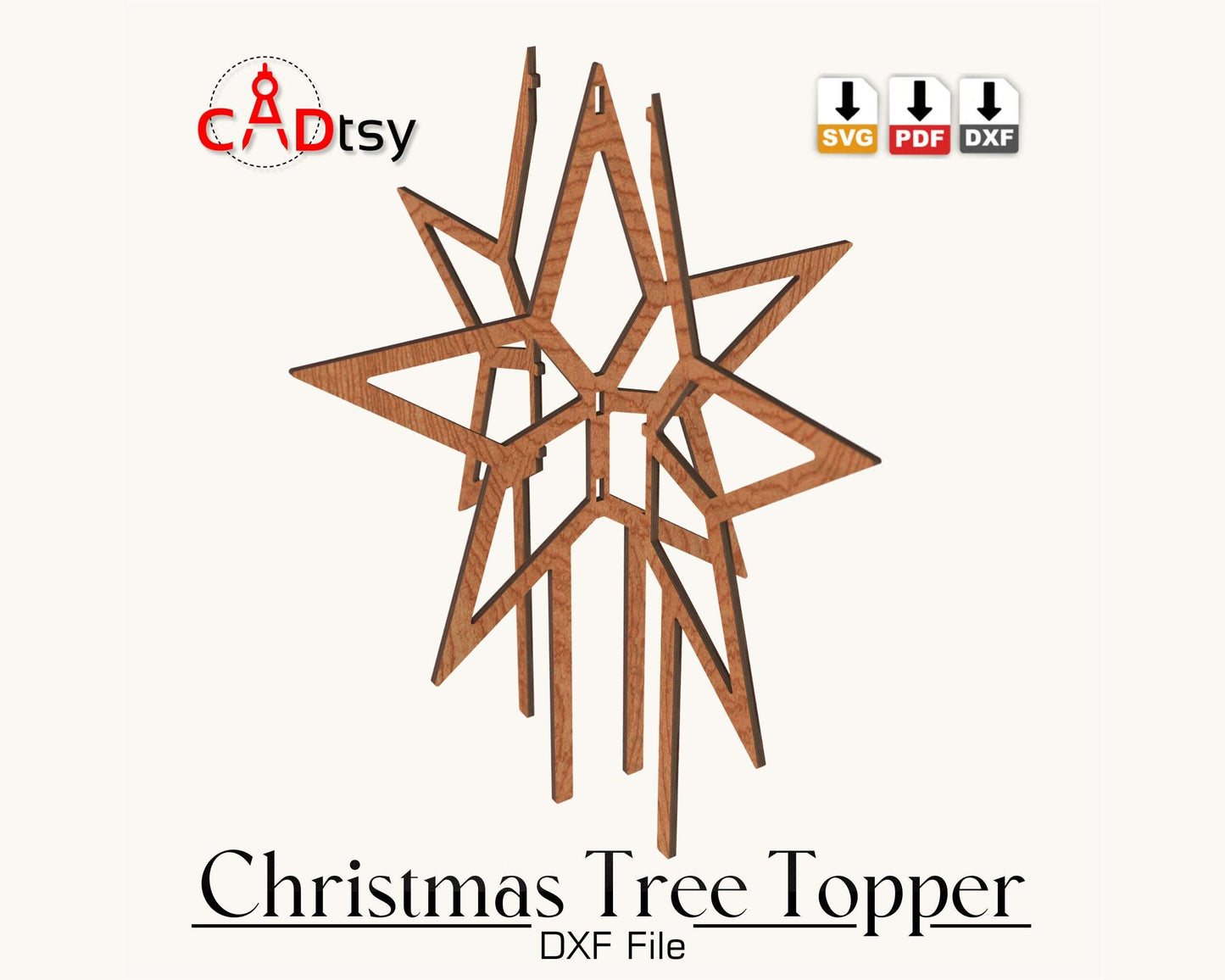 CADtsy Christmas Tree Topper Star SVG Laser Cutting File, DXF Wooden Decoration, Digital Download.