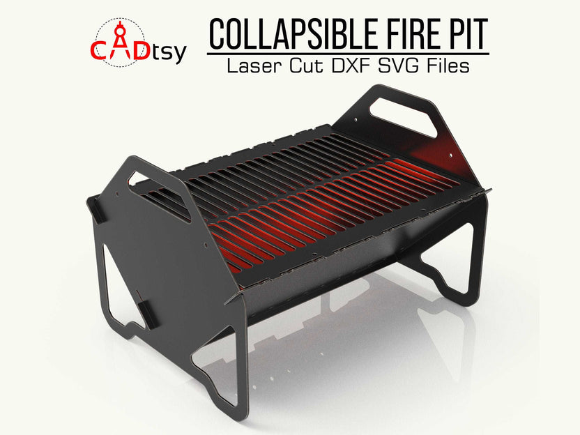Assembled collapsible fire pit with removable cooking grate, front angle