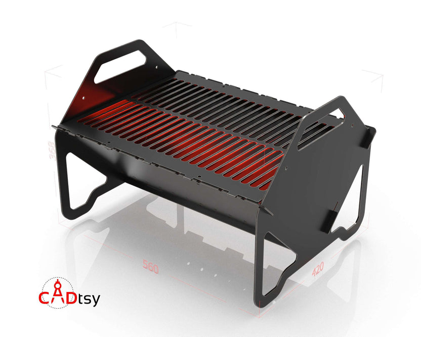 Dimensioned view of the assembled collapsible fire pit and grill