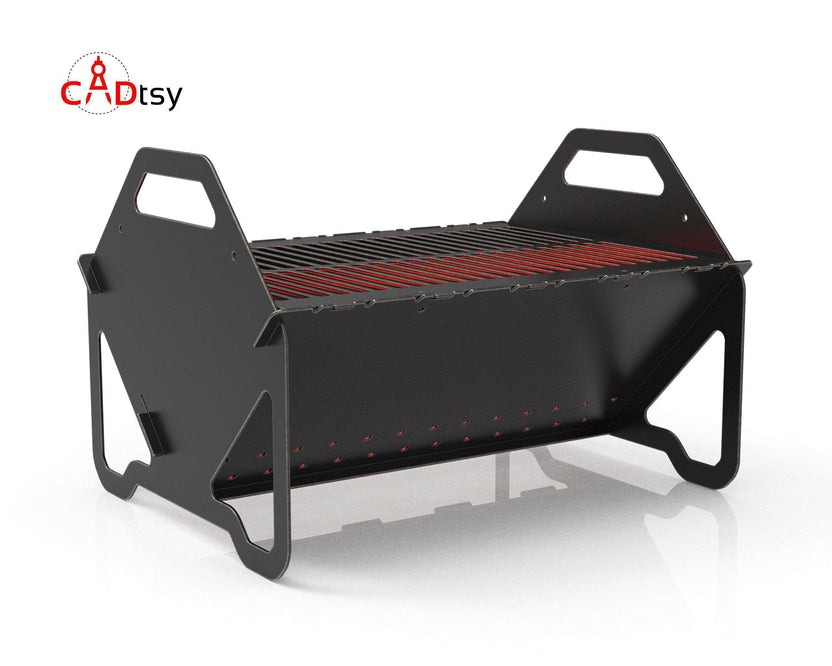 Assembled collapsible fire pit and grill, side angle