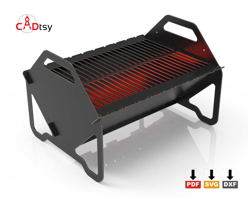 Assembled collapsible fire pit with cooking grate, front three-quarter view