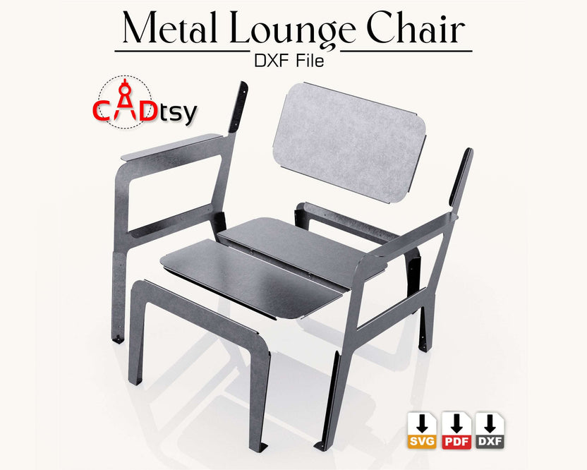 Metal lounge chair frame with separate seat and back panels, front angle