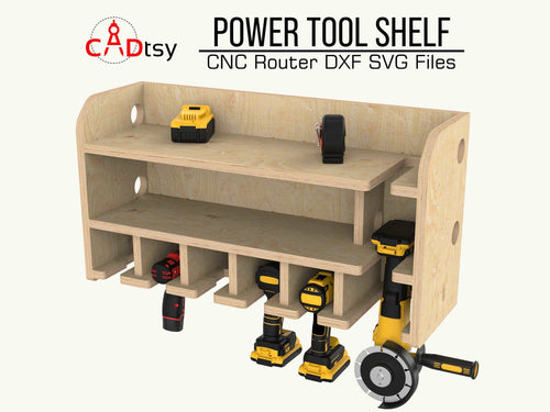 Wooden wall shelf holding cordless drills, saws, batteries and chargers