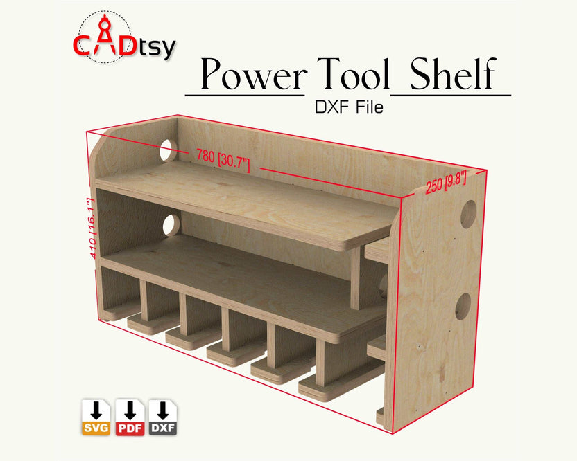 Dimensioned wooden power tool shelf with five lower tool slots