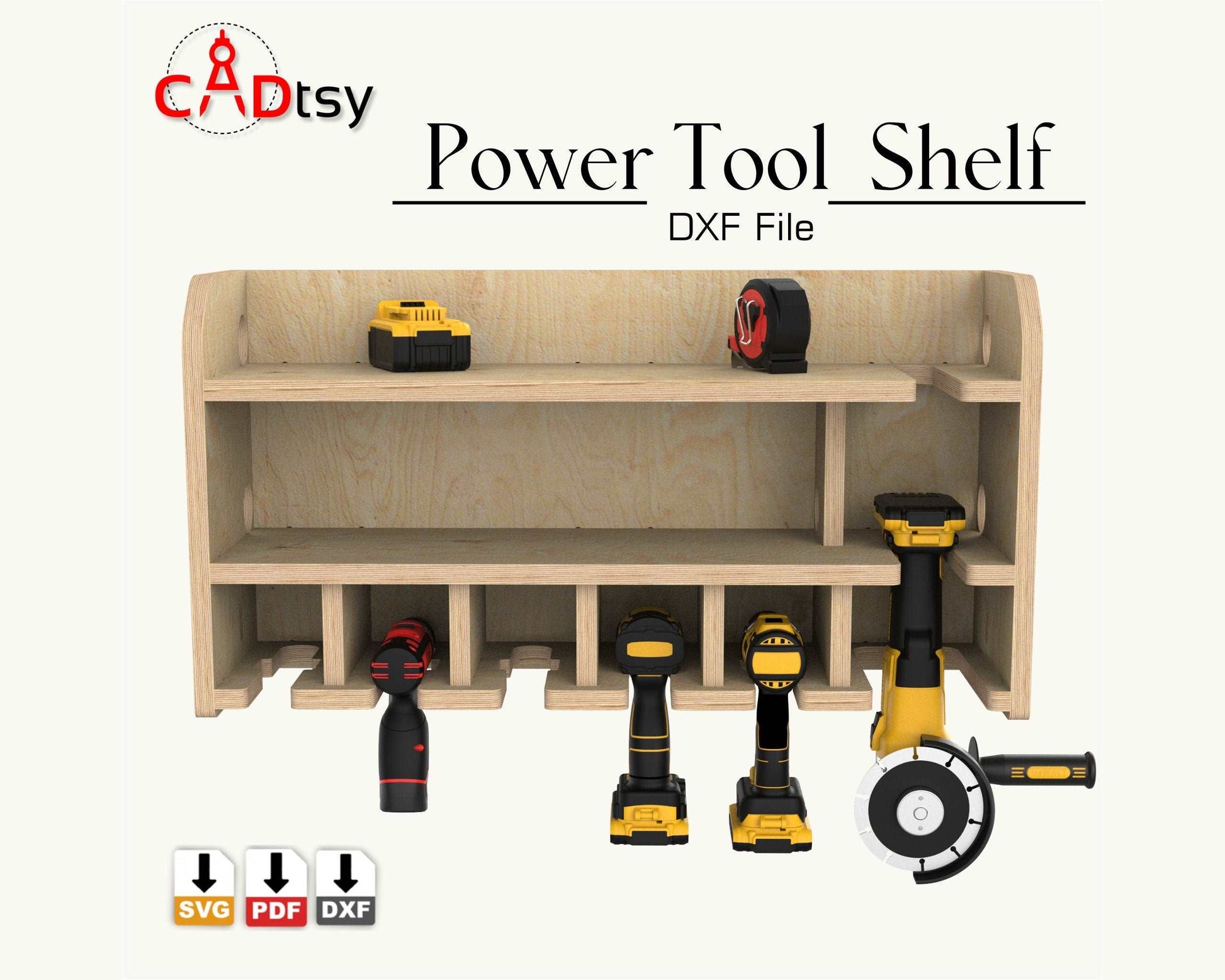 5 Slot DIY Cordless Power Tool Storage Shelf, CNC router cut from plywood,Cordless Drill Holder with Reciprocating Saw Slot, workshop storage Organizer suitable for Ryobi Dewalt Milwaukee Makita Bosch