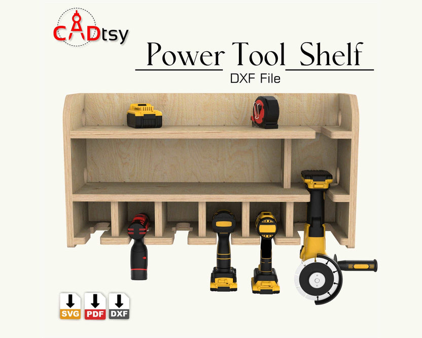 Wooden power tool shelf loaded with cordless drills and handheld tools, front view