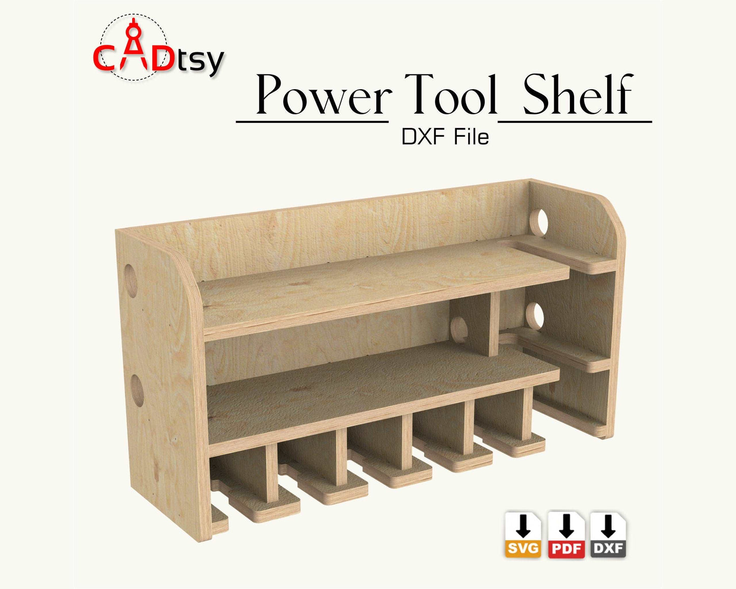 5 Slot DIY Cordless Power Tool Storage Shelf, CNC router cut from plywood,Cordless Drill Holder with Reciprocating Saw Slot, workshop storage Organizer suitable for Ryobi Dewalt Milwaukee Makita Bosch