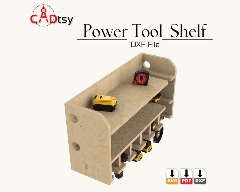 Wooden power tool shelf loaded with cordless tools, right side angle