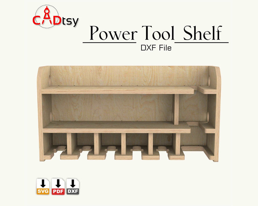 Empty wooden power tool shelf with lower drill slots, front view