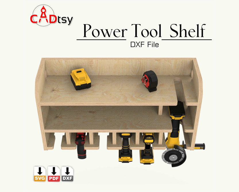 Wooden power tool shelf loaded with drills, saw and batteries, front view