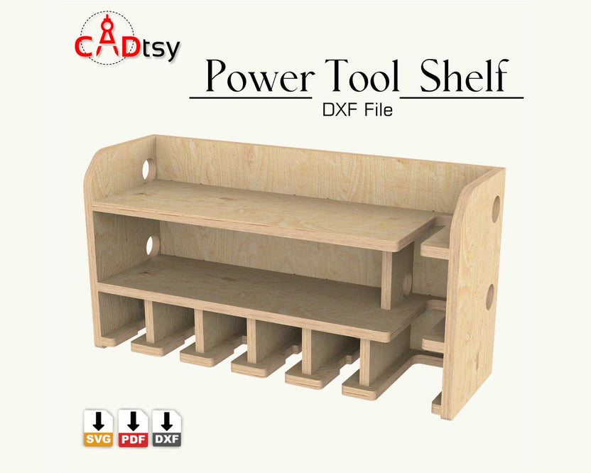 Empty wooden power tool shelf with five lower tool slots, right angle