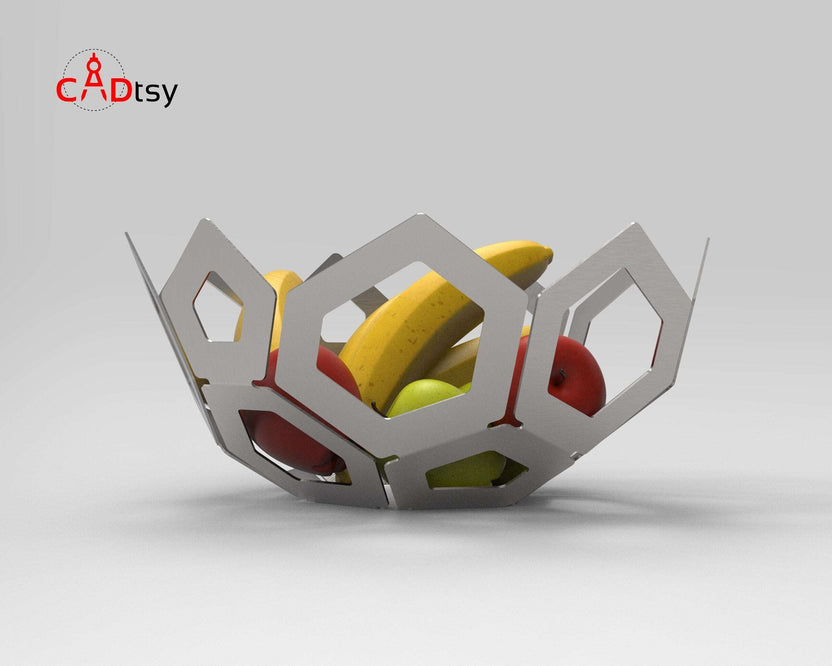 Low front view of gray metal fruit bowl with fruit
