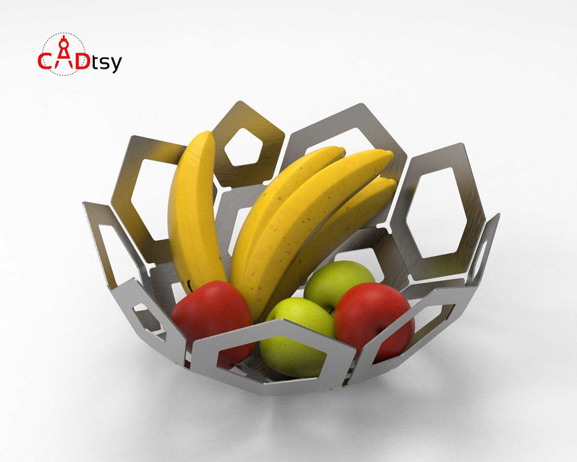 Gray metal fruit bowl filled with fruit