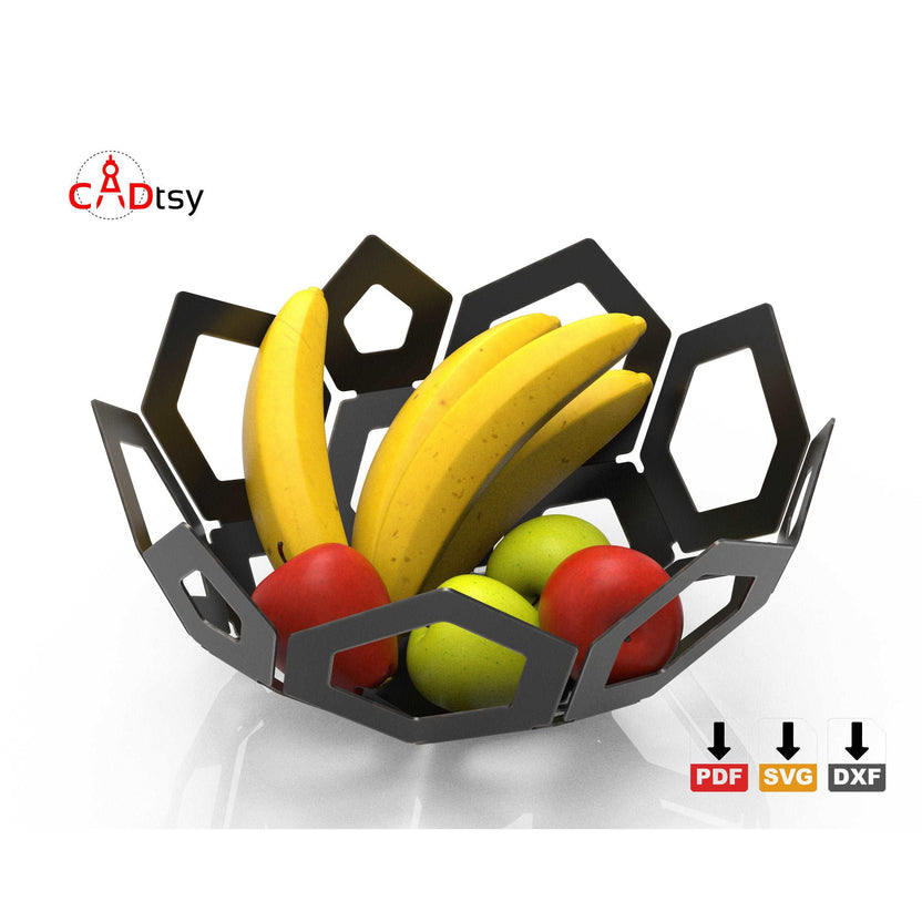 Black hexagon metal fruit bowl filled with bananas and apples