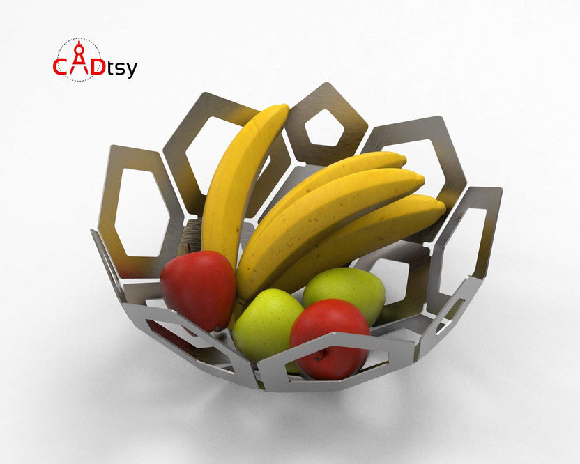 Gray metal fruit bowl front view with fruit