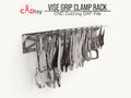 Wall-mounted metal vise grip rack holding locking pliers