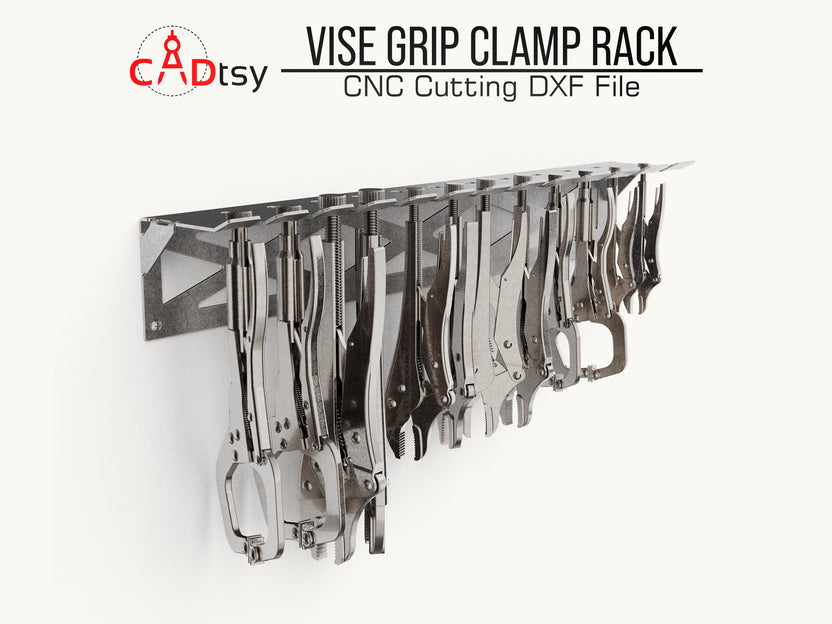 Wall-mounted metal vise grip rack holding locking pliers