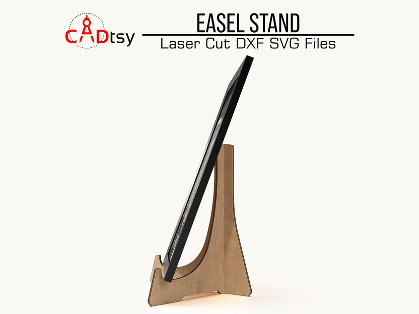 Side view of a wooden easel stand holding a framed photograph