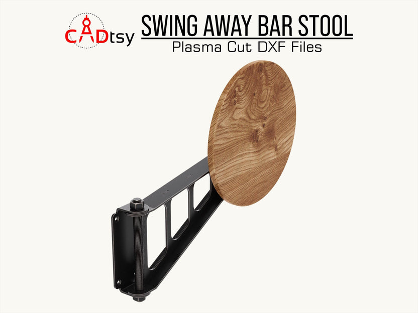 Swing-away stool shown with seat in vertical position
