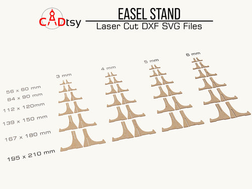 Easel stand cut pieces for six sizes arranged by 3, 4, 5, and 6 mm material thickness