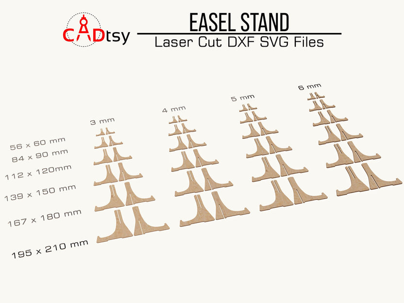 Easel stand cut pieces for six sizes arranged by 3, 4, 5, and 6 mm material thickness