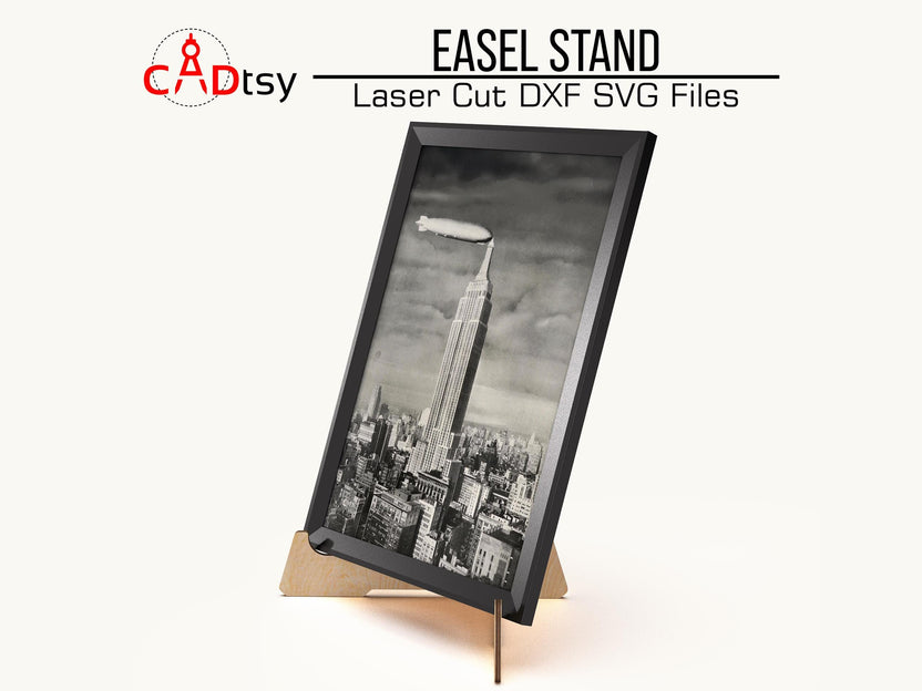 Wooden easel stand holding a framed black-and-white photograph