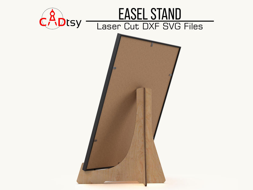 Rear view of a wooden easel stand holding a framed photograph