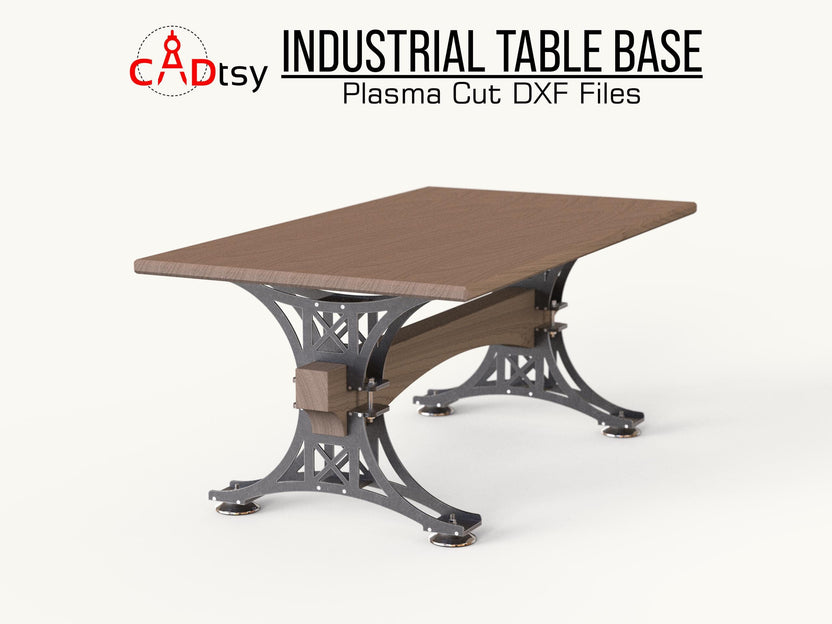Industrial metal trestle table base supporting a wood tabletop