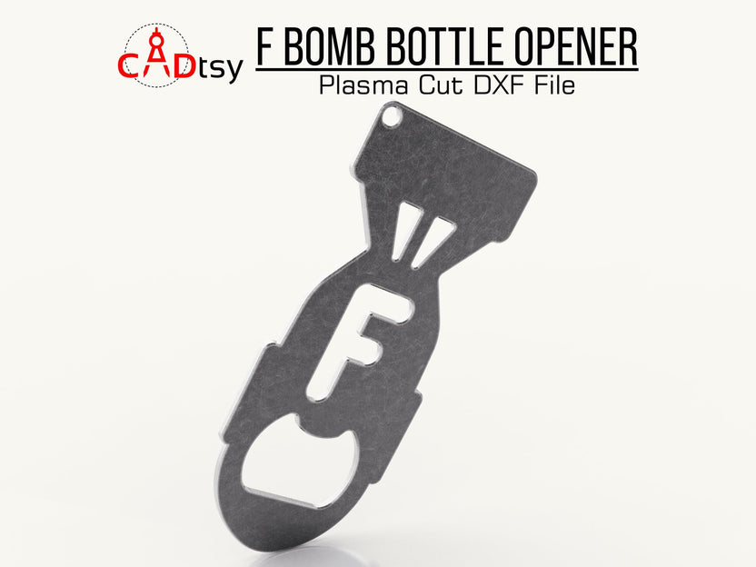 Upright view of the dark metal F-Bomb bottle opener