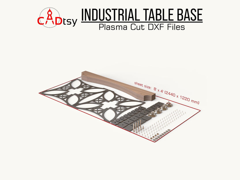 Flat metal table-base parts arranged on a sheet layout