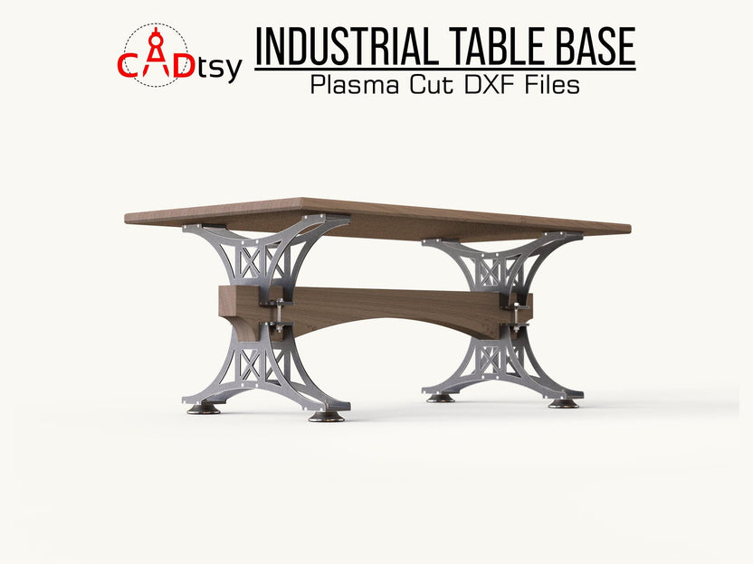 Wide view of the industrial trestle table base and wood top