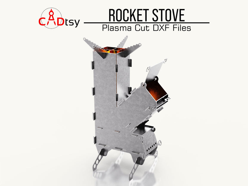 Assembled metal rocket stove with open firebox