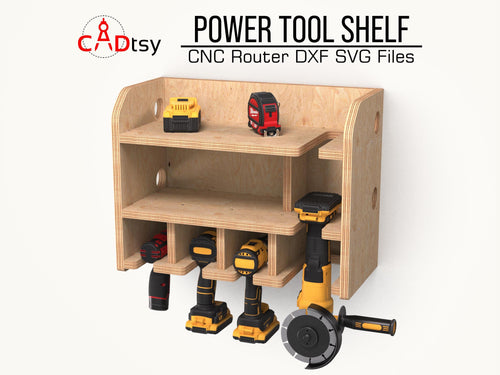 Wooden four-slot cordless tool organizer holding power tools
