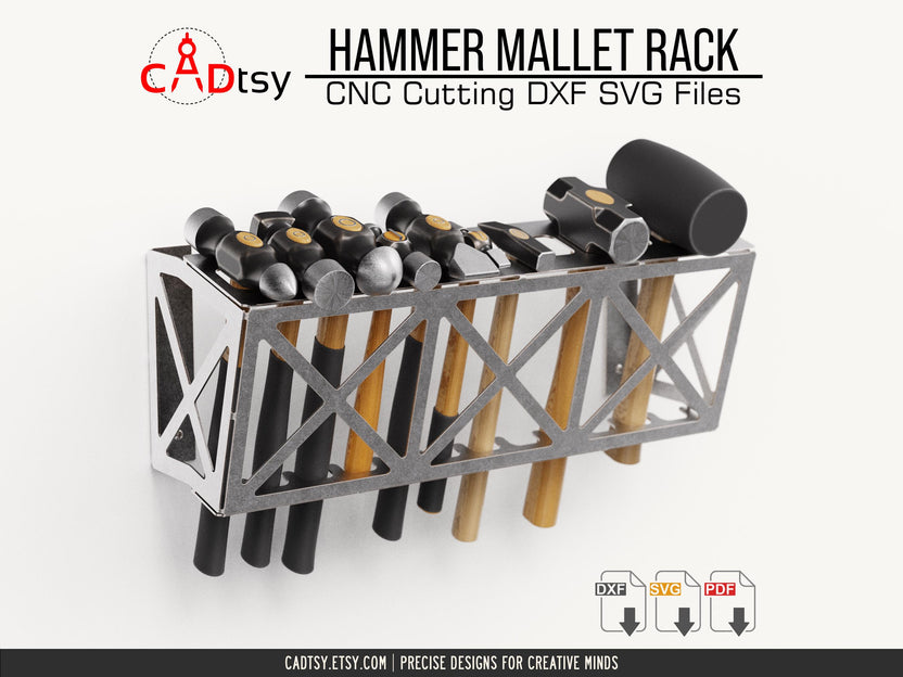 Metal hammer rack with X-brace panels and stored mallets