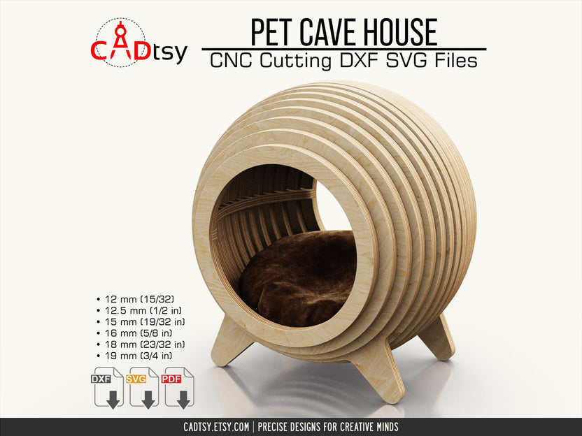 Wooden round cat cave house on angled legs