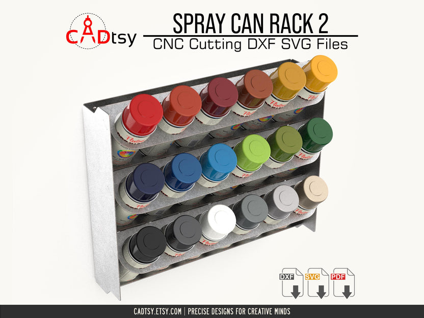 Front view of the loaded stackable spray can rack