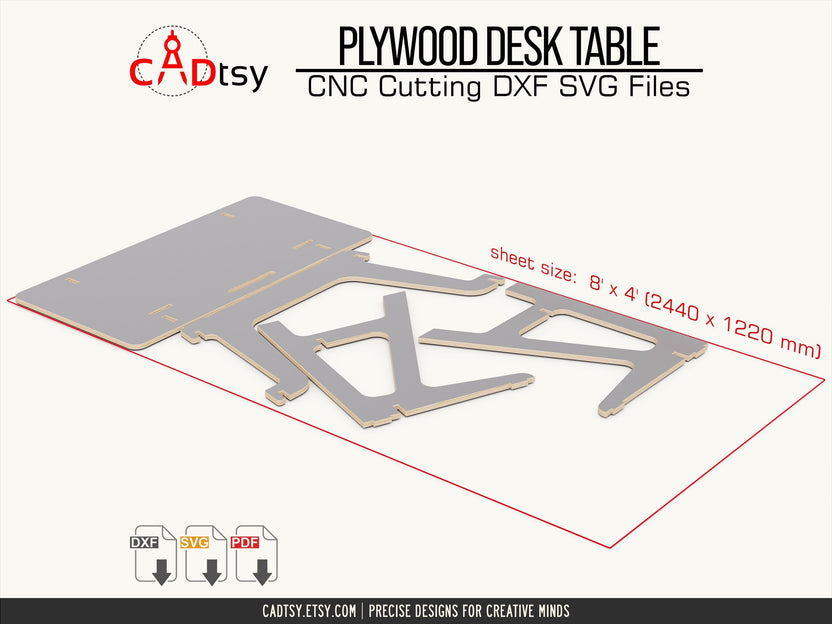 Flat CNC-cut plywood desk parts on a sheet layout