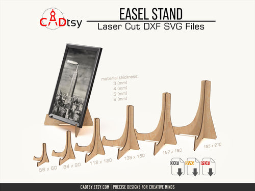 Six wooden easel stand sizes with 3, 4, 5, and 6 mm material options and a framed photo display