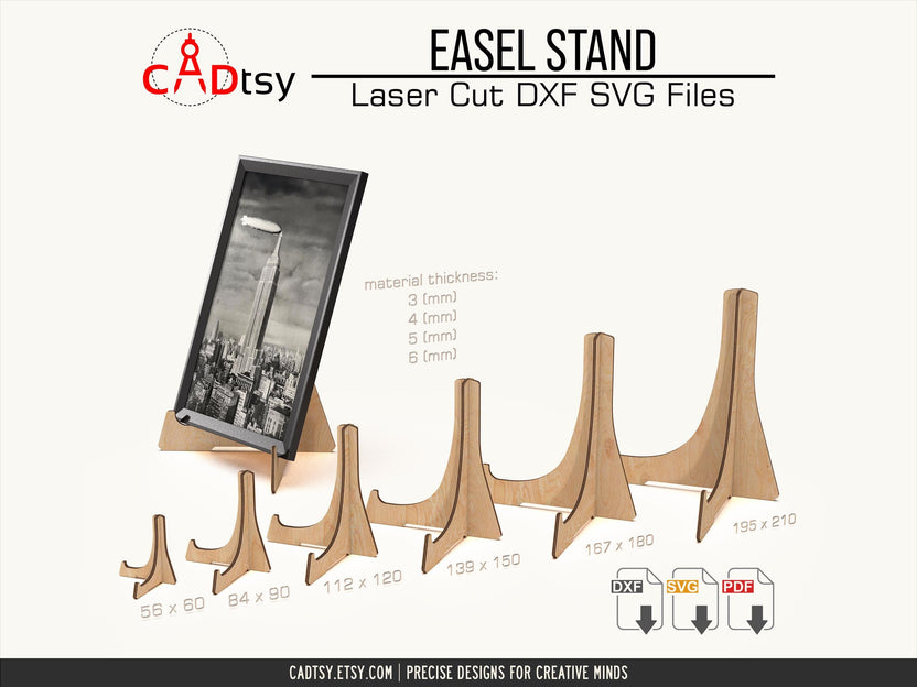 Six wooden easel stand sizes with 3, 4, 5, and 6 mm material options and a framed photo display