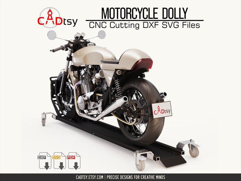 Motorcycle on wheeled dolly, rear three-quarter view