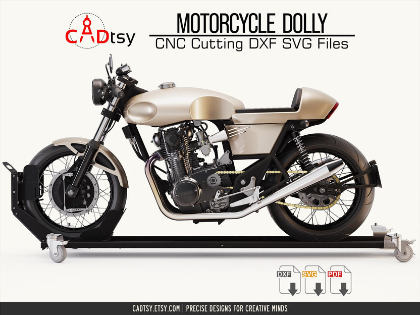 Motorcycle secured on long wheeled dolly, full side view