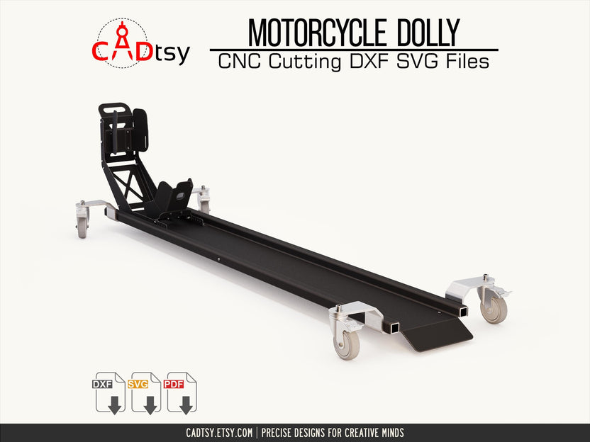 Empty motorcycle dolly with wheel cradle and casters, right three-quarter view