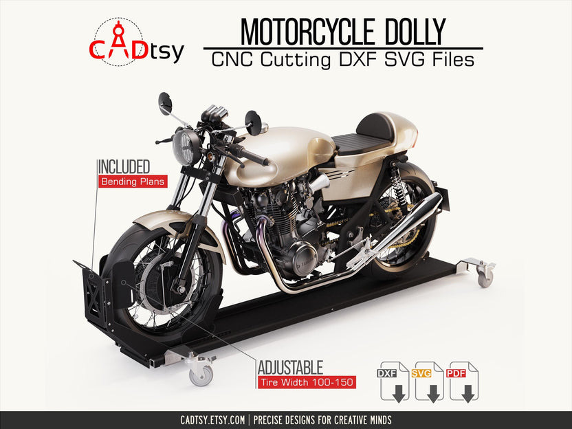 Motorcycle positioned on the adjustable wheeled motorcycle dolly