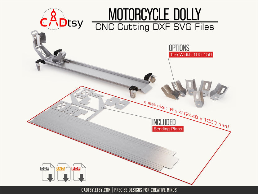Motorcycle dolly components, wheel cradle options and dimensioned sheet layout