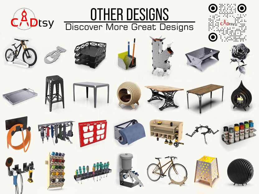 Collage of other CADtsy CNC project designs with a QR code